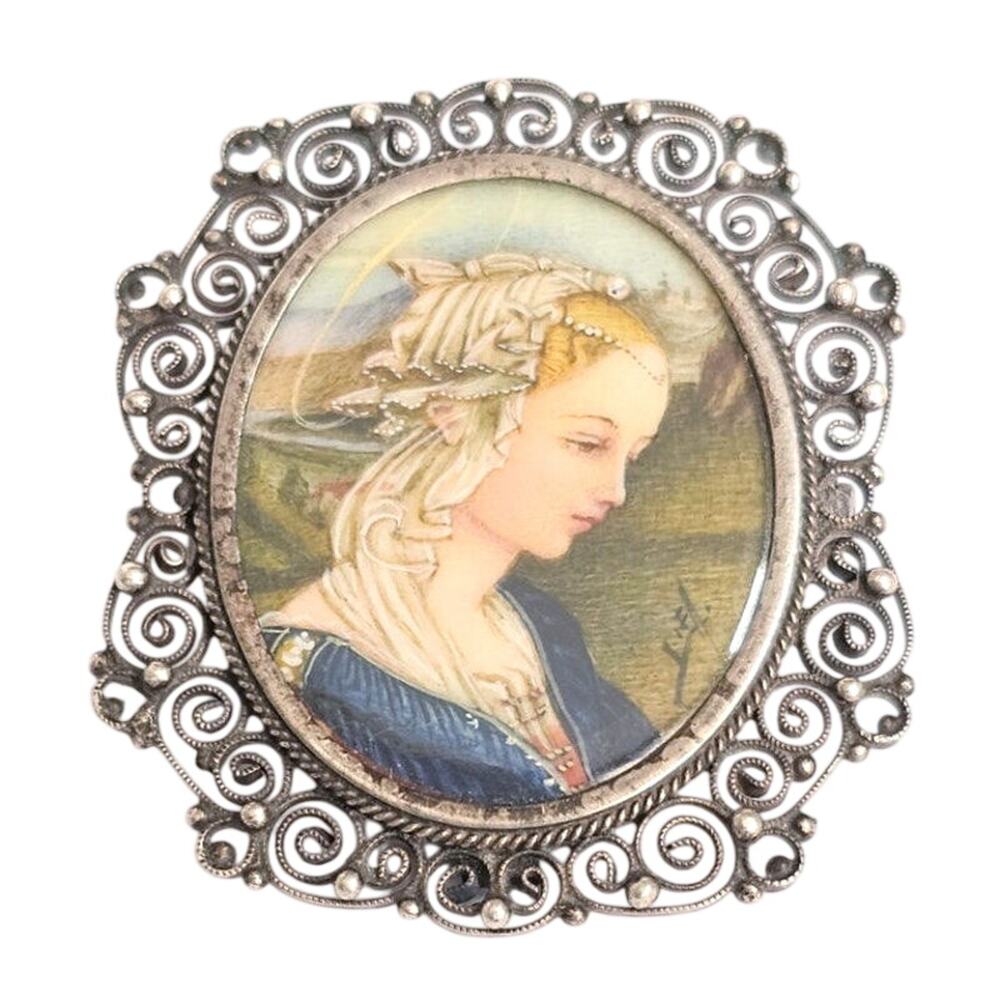 Antique 800 Silver Italian Miniature Madonna Orante Painting